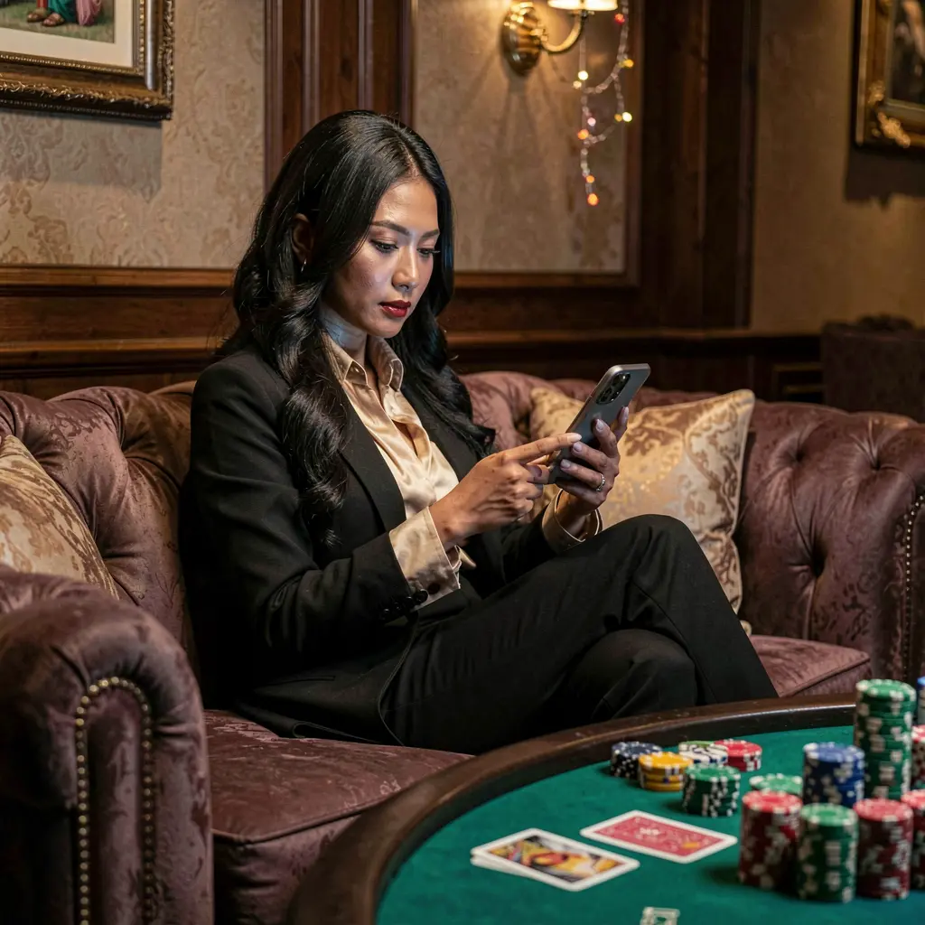 Stylish Malaysian woman relaxing on a sofa while using the CUCIMAX casino app with glowing chips and cards creating a premium gaming mood
