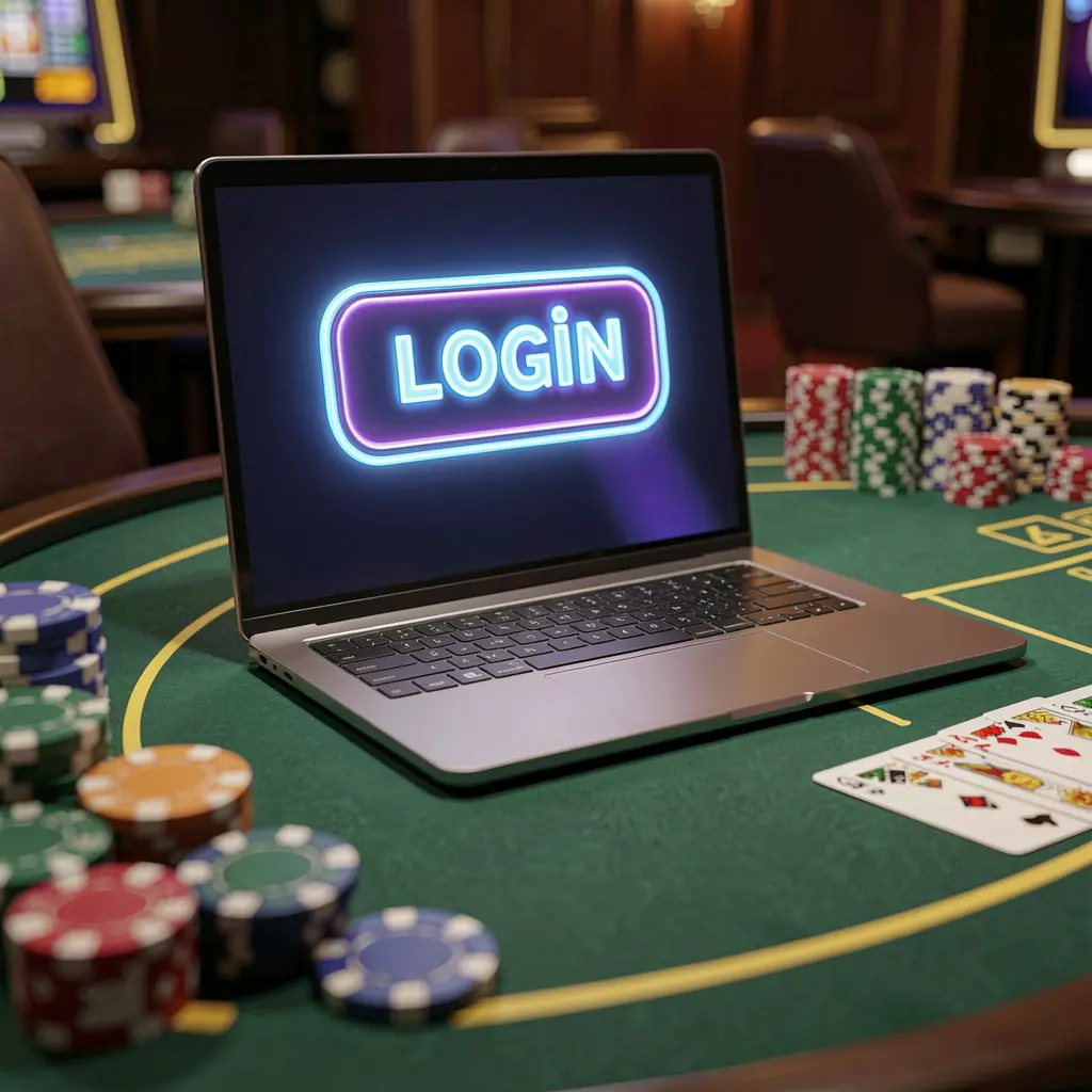 Glowing login button on a laptop surrounded by blurred casino chips and cards representing secure and fast access to CUCIMAX in Malaysia